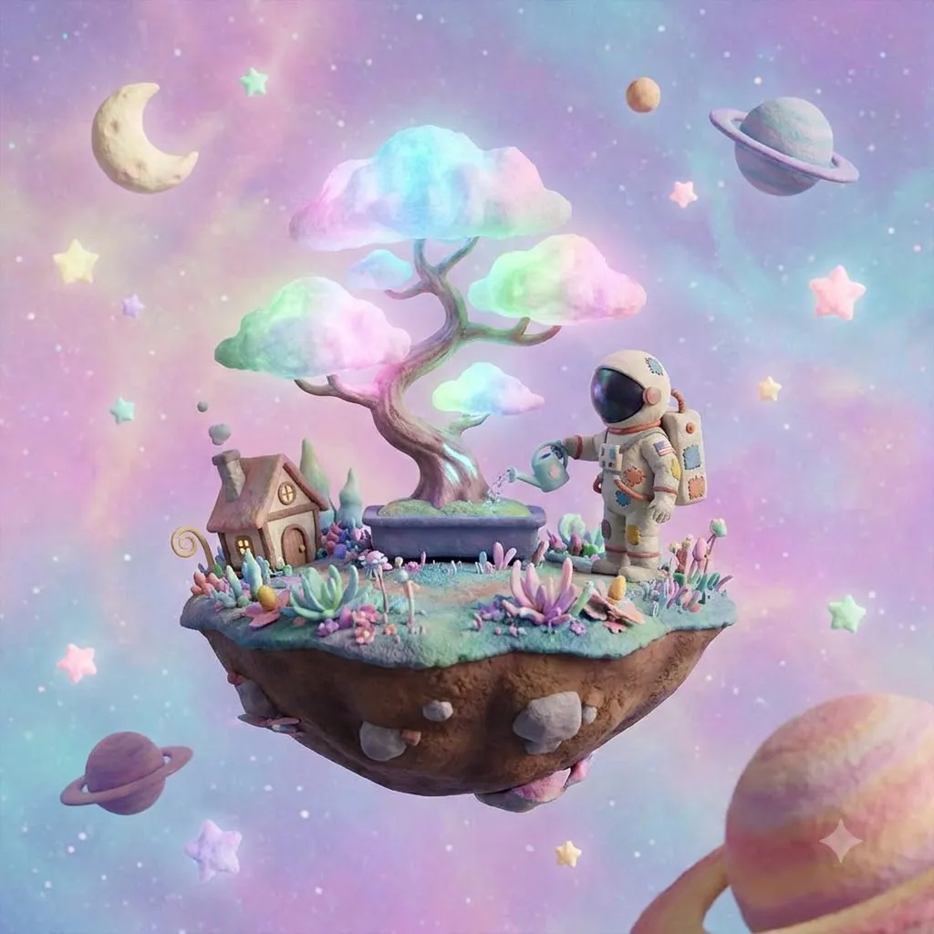Tiny astronaut watering a glowing bonsai, 3D film style