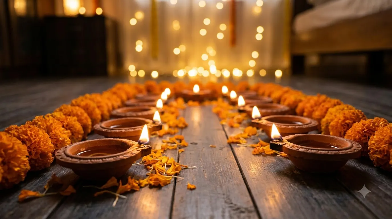 Clay diyas and marigolds, festive bokeh