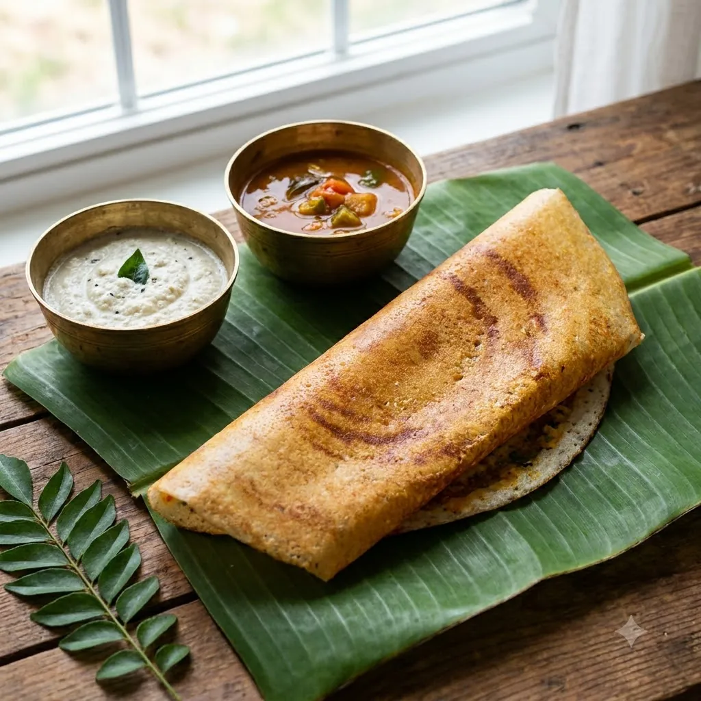 Masala dosa on banana leaf, chutneys in brass bowls