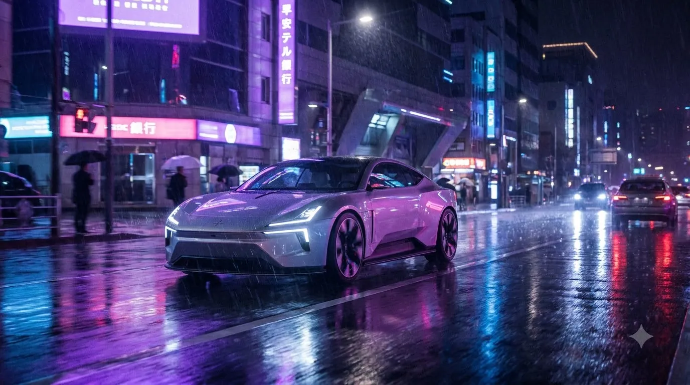 Electric car on a wet neon street at night