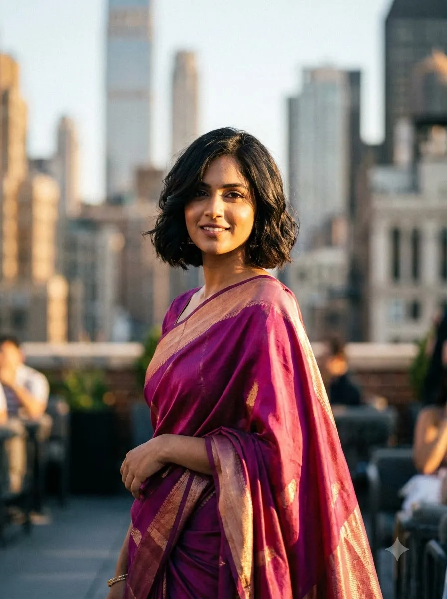 Editorial portrait, magenta silk saree, golden hour rooftop