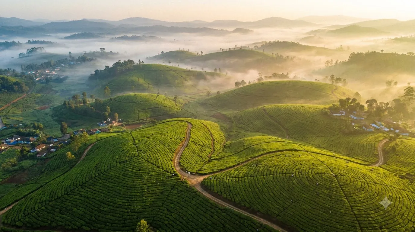 Tea hills at sunrise, aerial, morning mist