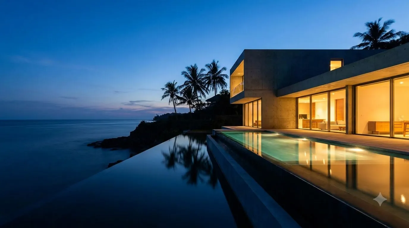 Concrete villa and infinity pool at blue hour